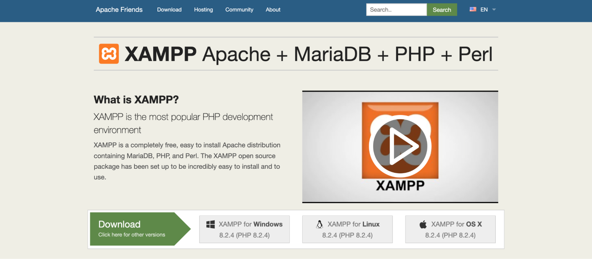 Página inicial do XAMPP com opções de download