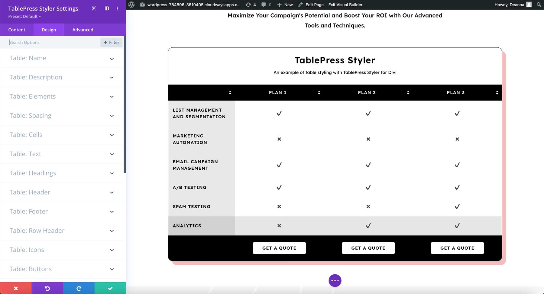 Paramètres de conception de TablePress Styler