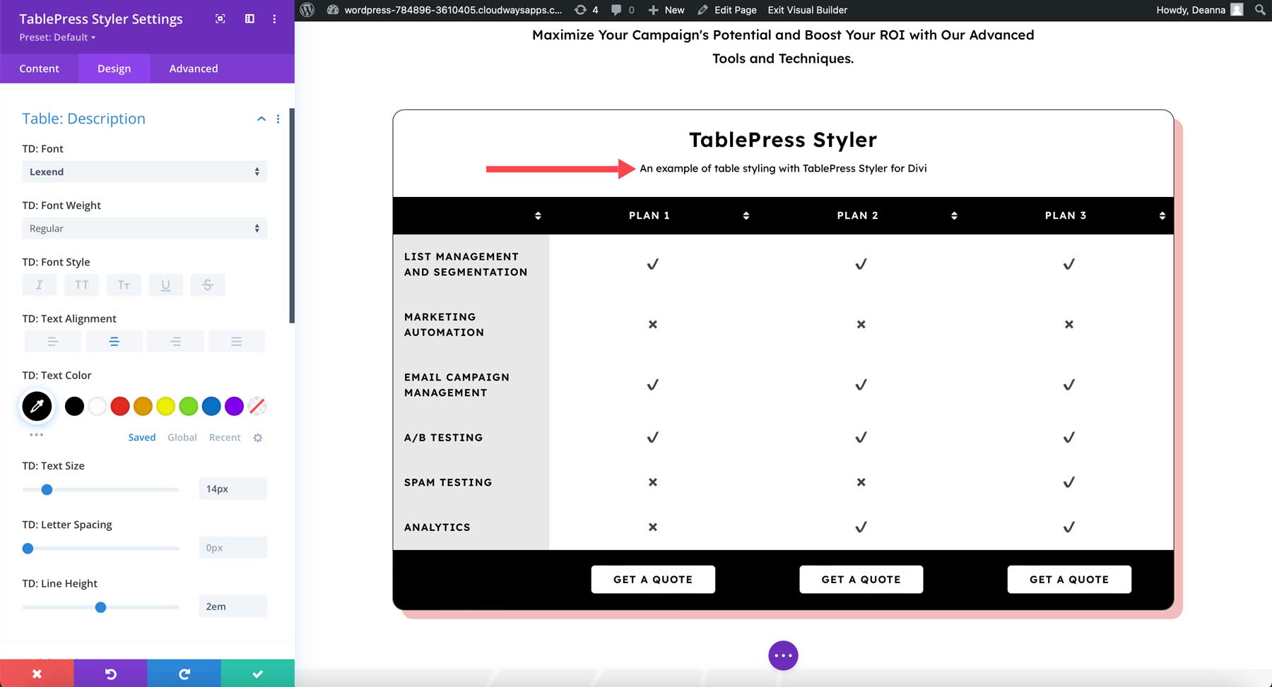 Descrição do estilizador TablePress