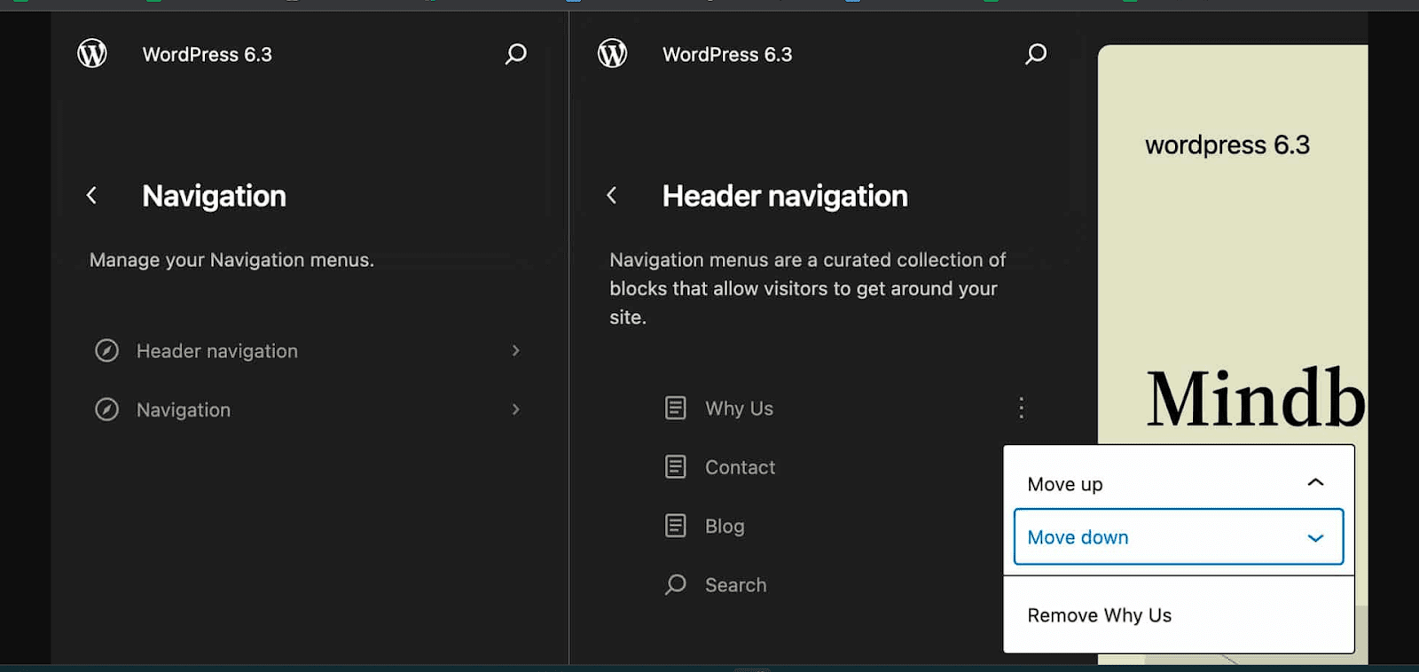 modification de navigation wordpress 6.3