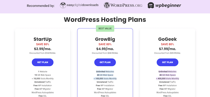 SiteGround's hosting plans