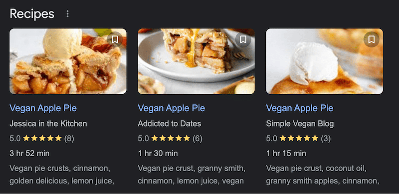 Ejemplo de datos estructurados para un blog de recetas - Fuente: resultados de búsqueda de Google