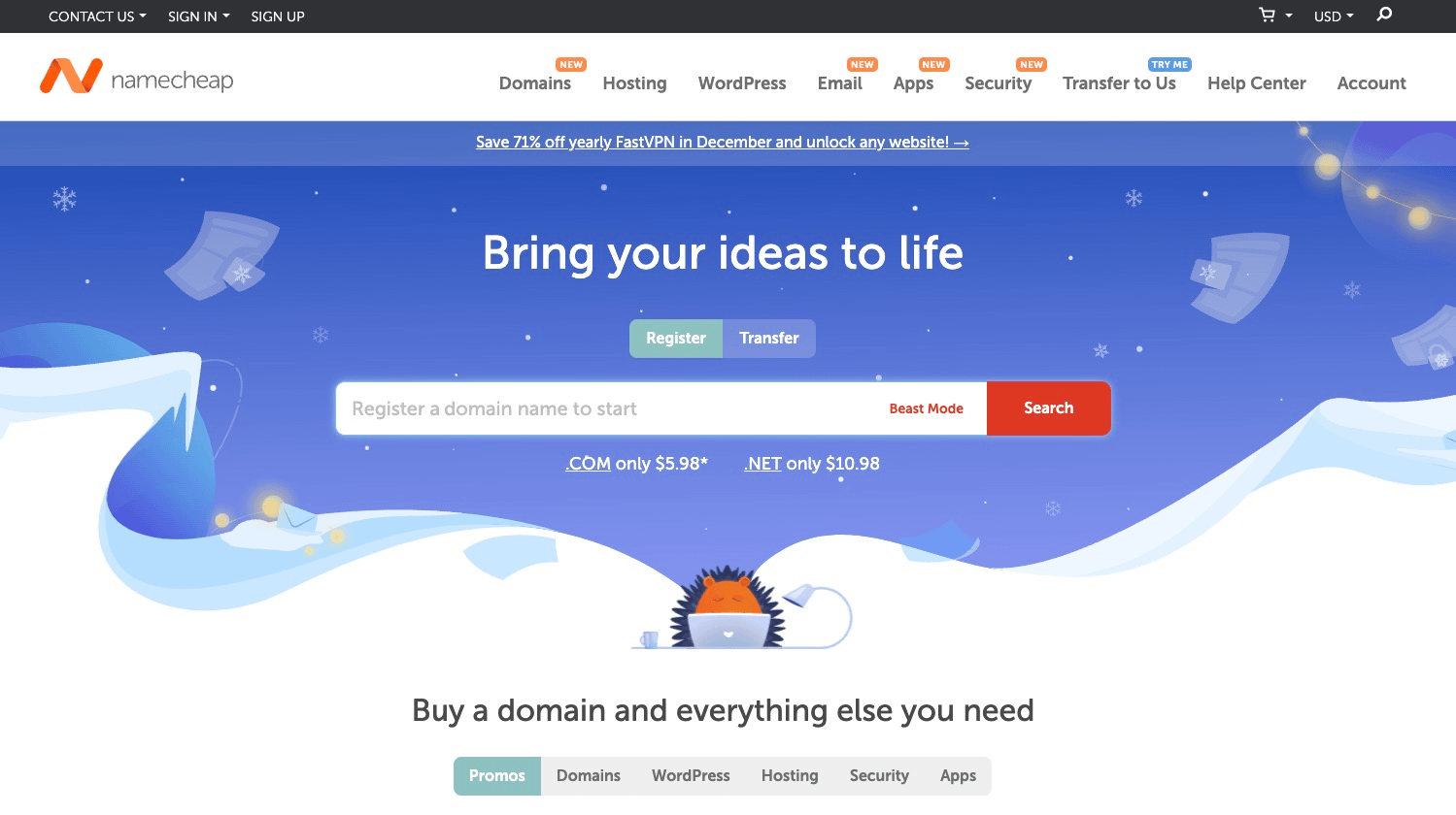 Namecheap 主页。