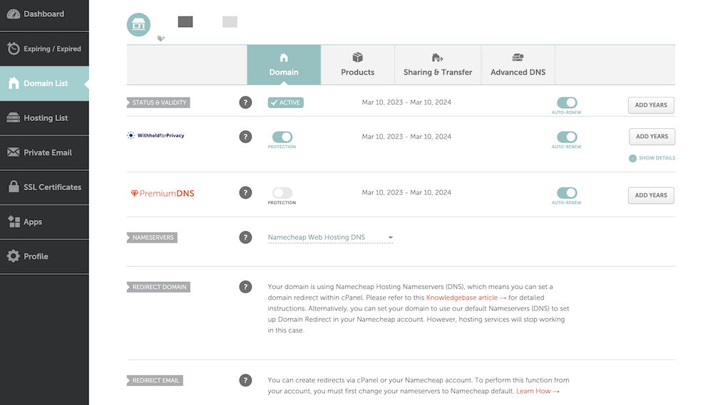 Namecheap 的域名列表部分。