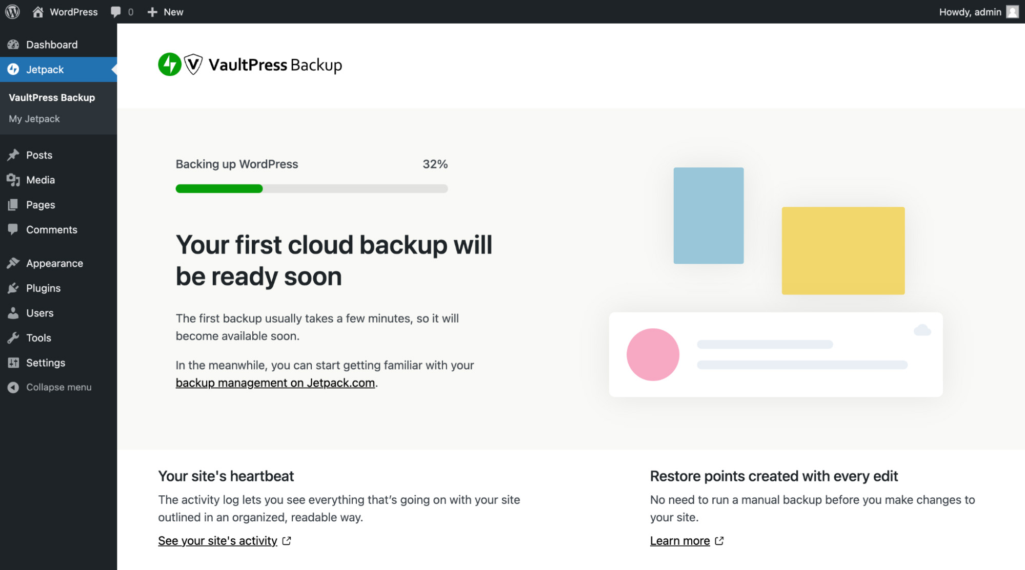 通过导航到 Jetpack 访问 Vaultpress，然后从 WordPress 仪表板导航到 Vaultpress Backup。