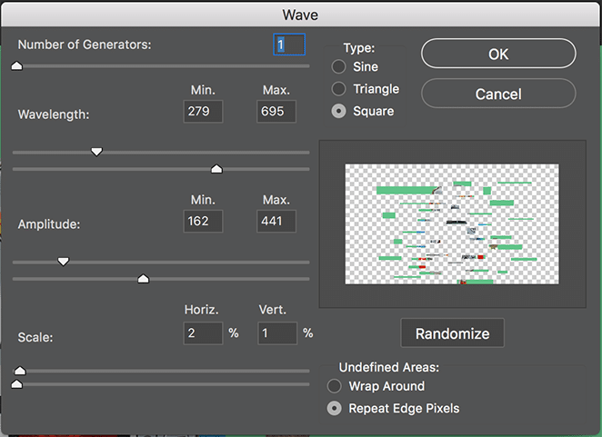 Opzioni del menu Wave in PhotoShop