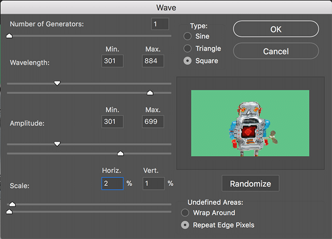 layout di effetto glitch del volano photoshop come tutorial impostazioni del menu wave