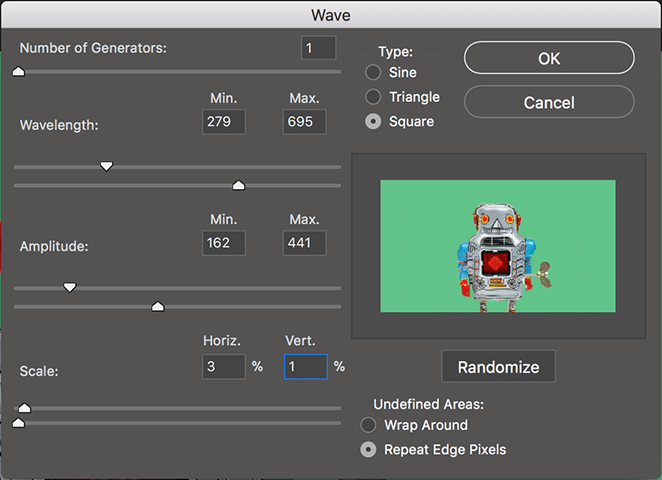 Impostazioni del menu Wave in PhotoShop