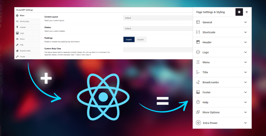 새로운 OceanWP Metabox 설정은 React JavaScript를 기반으로 합니다.