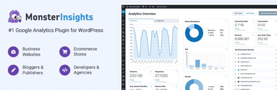 适合您企业网站的 12 个最佳 WordPress 插件。 WordPress 插件目录中 MonsterInsights 插件列表的屏幕截图