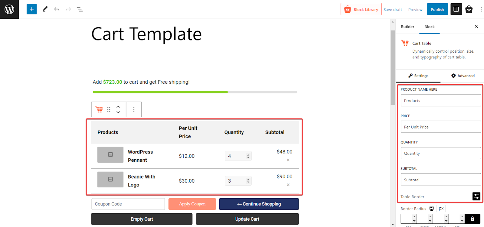 ProductX Cart Table Customization