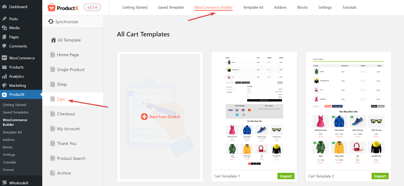 Add cart page from WooCommerce builder