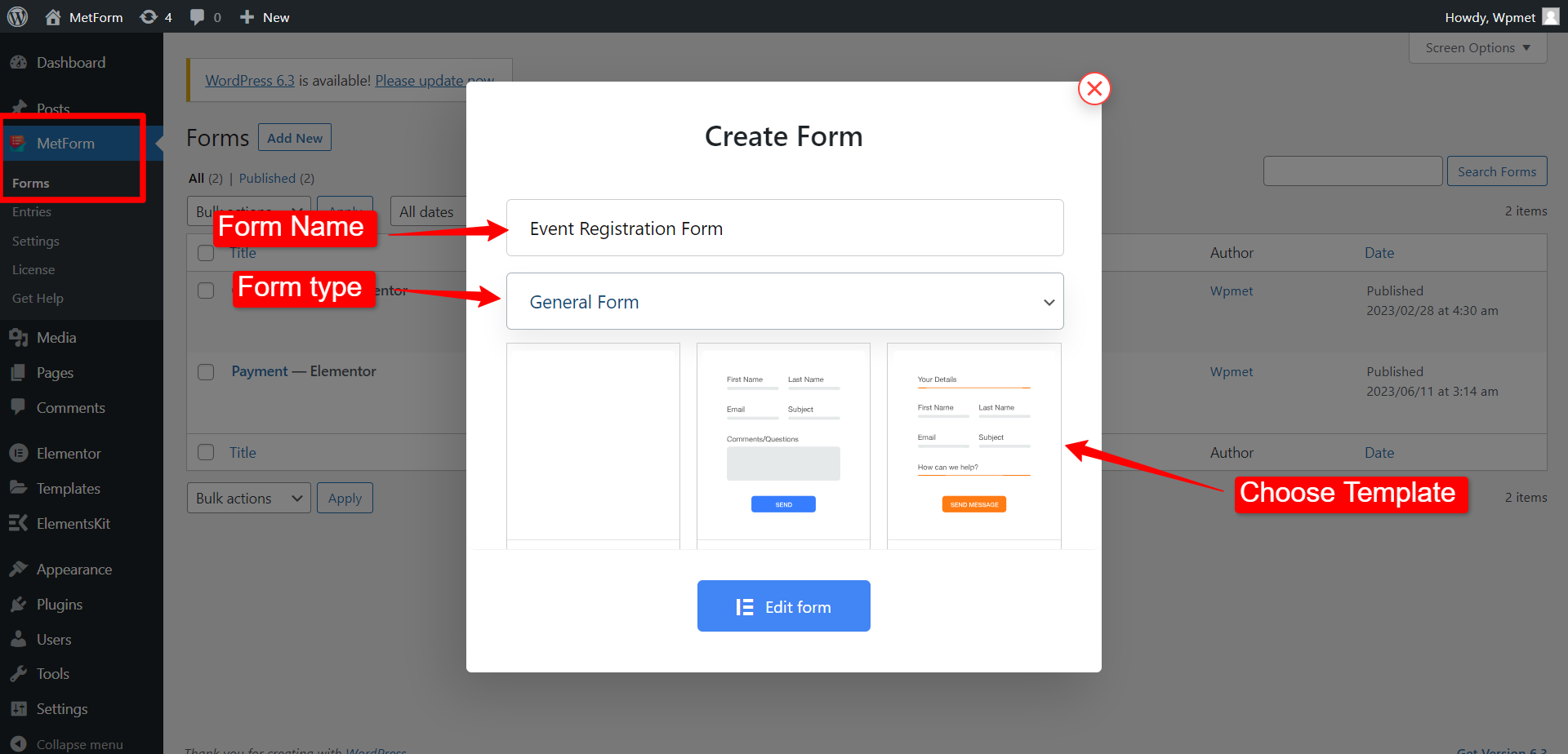 使用 MetForm 创建 WordPress 表单