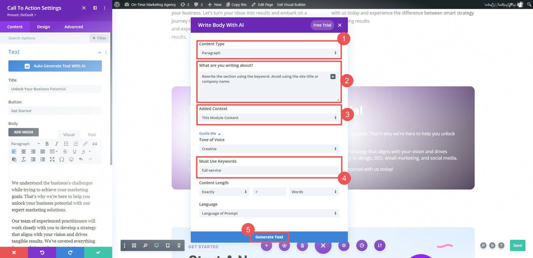 Divi AI pour la réécriture avec mot-clé - Étapes 3 à 7