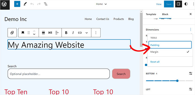 Choose the padding option from the Dimensions section