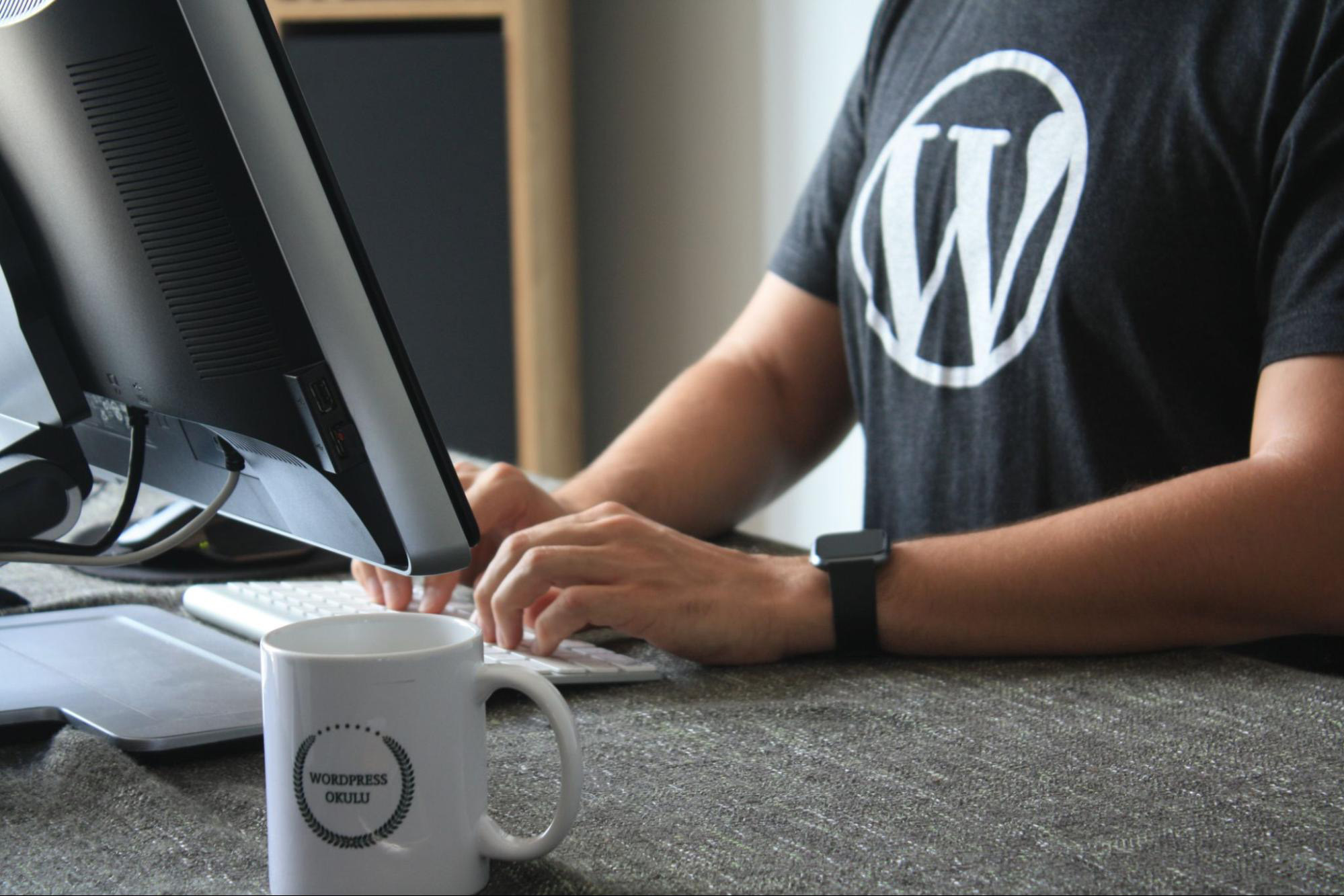 WordPress 开发人员穿着带有 WordPress 徽标的黑色衬衫