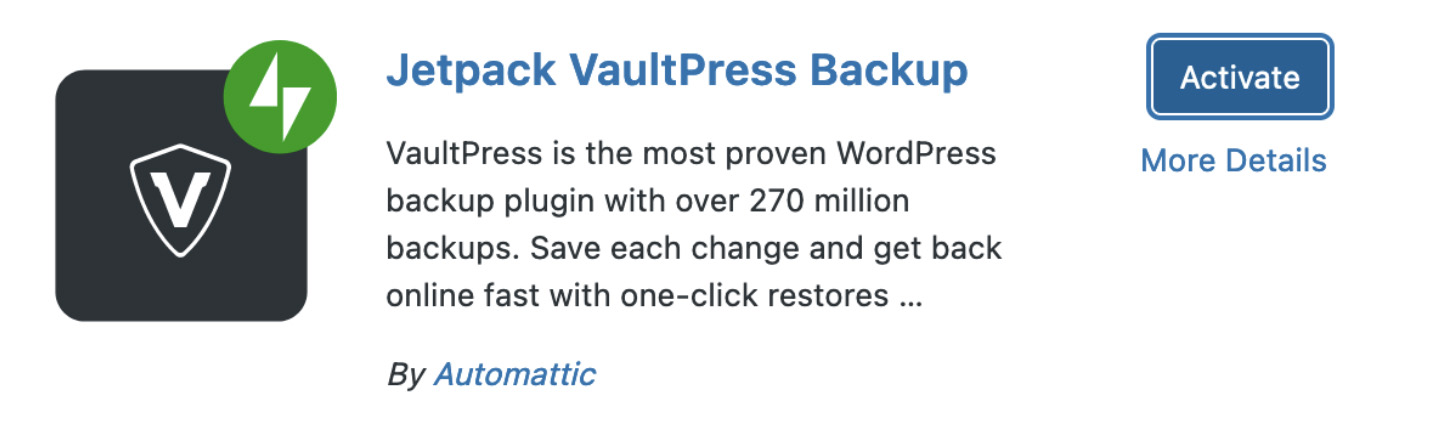 从 WordPress 插件存储库安装并激活 Jetpack VaultPress Backup。