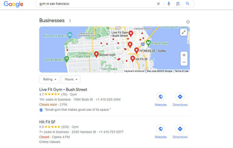 关键字“gym san francisco”的 Google 结果页面示例