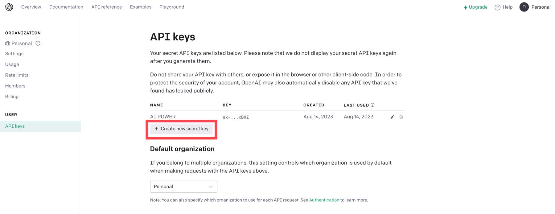 สร้างคีย์ API ใหม่