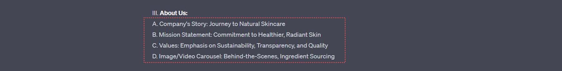 โครงร่างของ ChatGPT สำหรับส่วนเกี่ยวกับเราในหน้า Landing Page ของผลิตภัณฑ์ดูแลผิวของเรา
