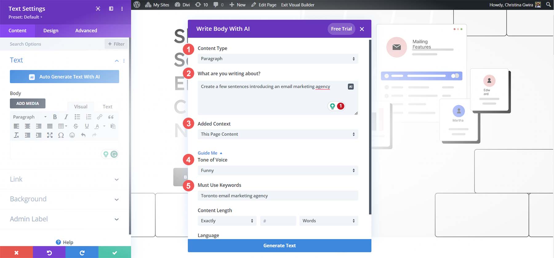 Добавьте свои настройки в Divi AI для создания контента