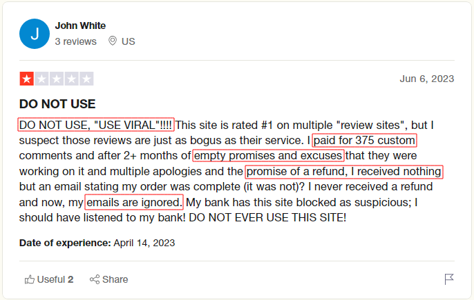 UseViral Review na Trustpilot