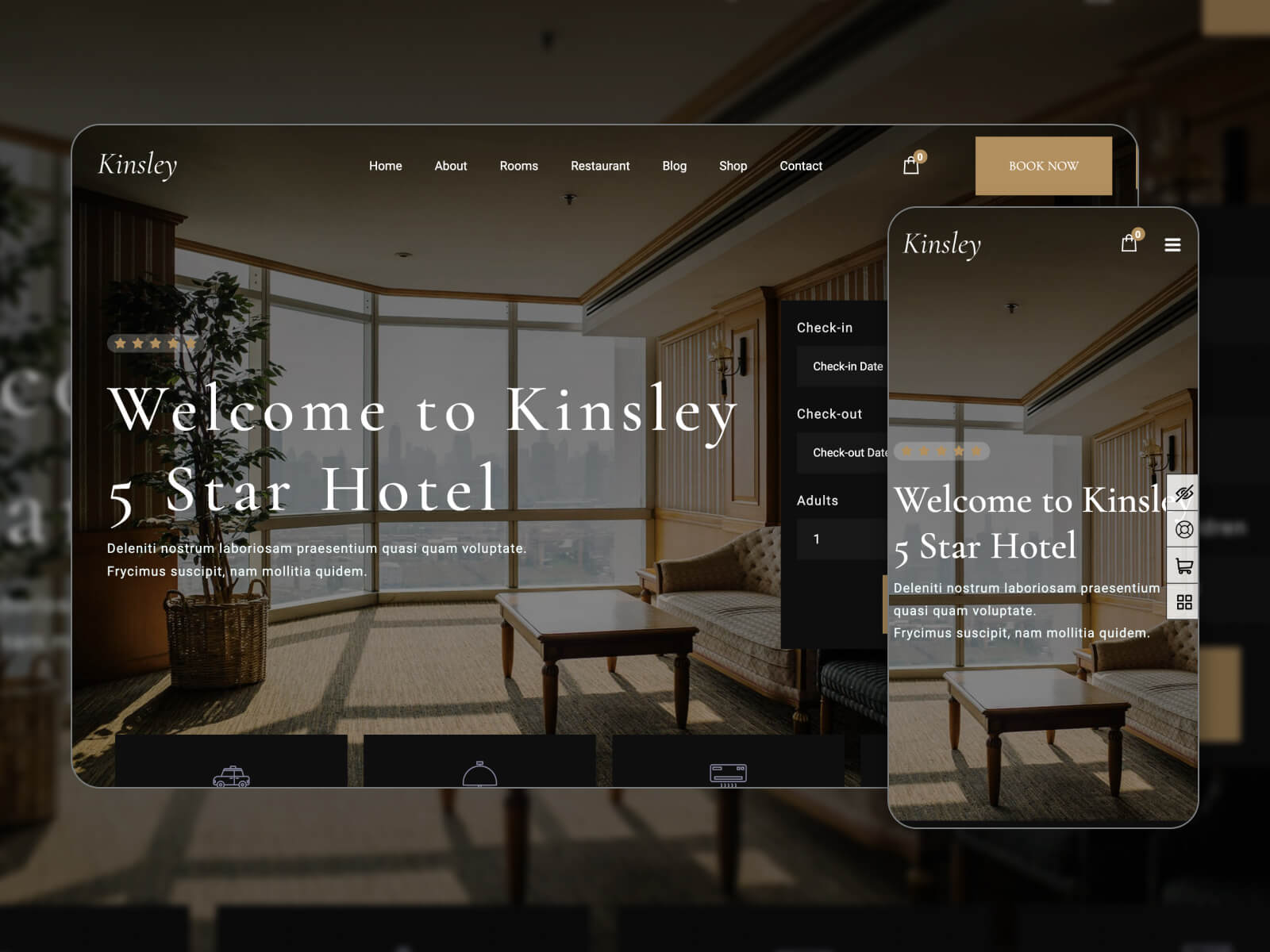 Kinsley 的图片 - 精心设计的 WordPress 主题，适用于在线酒店预订平台，采用 darkolivegreen、gainsboro、black、dimgray 和 darkslategray 调色板