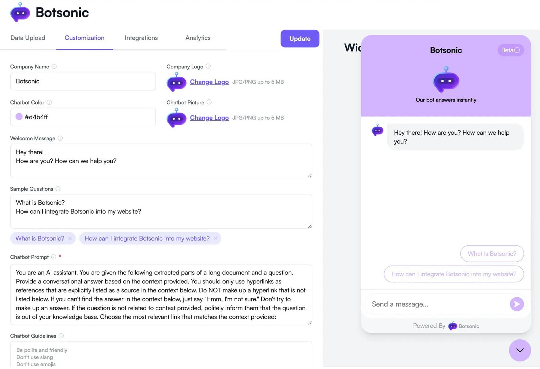 適用於網站的 Botsonic AI 聊天機器人