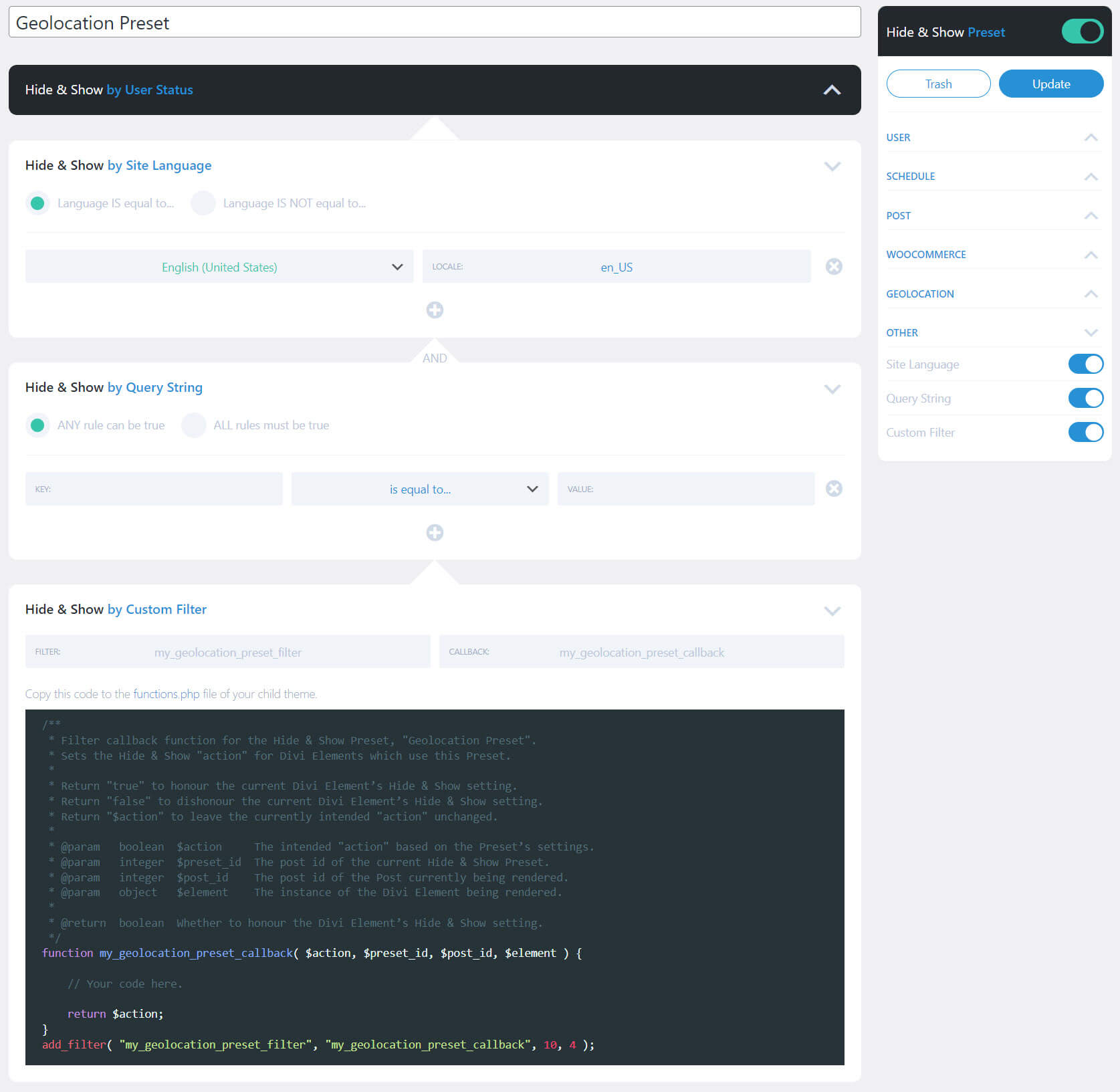 Ocultar e mostrar WooCommerce