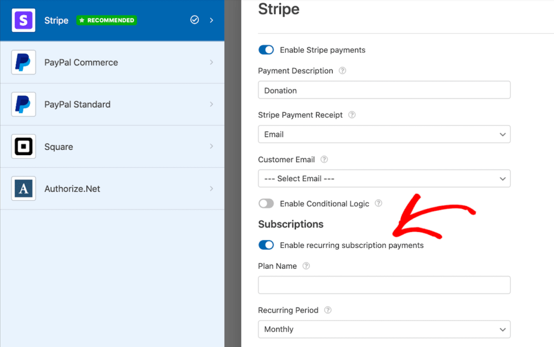 Enabling Stripe recurring subscriptions