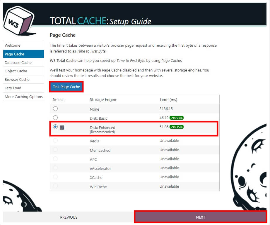 la cache della pagina di test cancella automaticamente la cache in W3 Total Cache