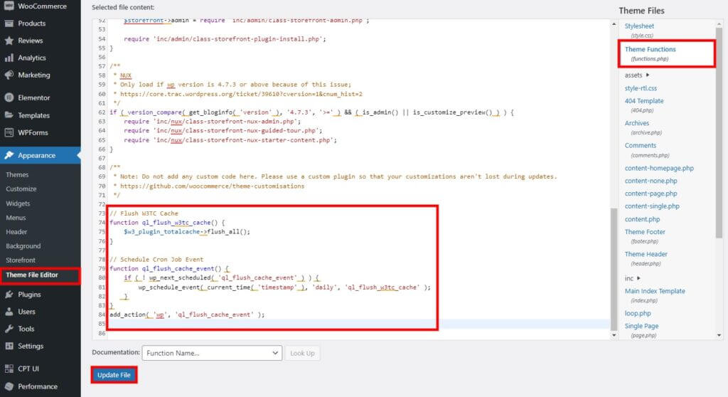 aggiungi codice per svuotare automaticamente la cache in W3 Total Cache