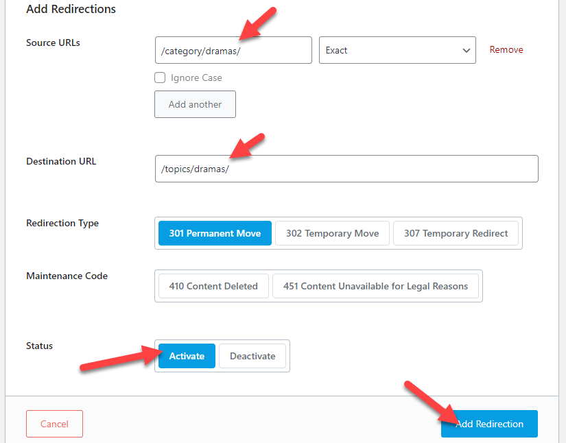 aggiungi reindirizzamento - Modifica il prefisso base della categoria WordPress