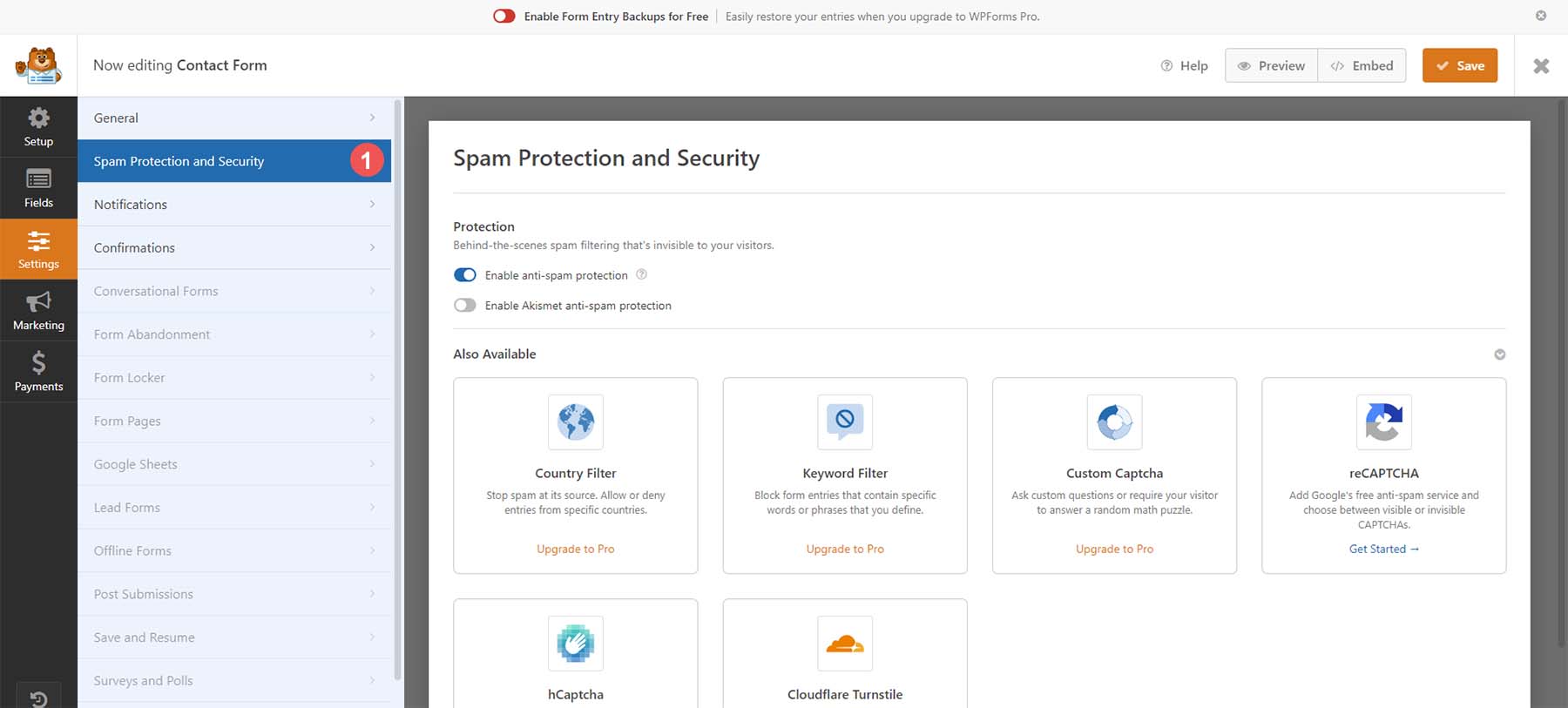 Opções de spam e proteção com WPForms