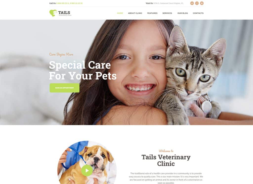 Tails - Tema WordPress de Clínica Veterinária, Pet Care e Animais