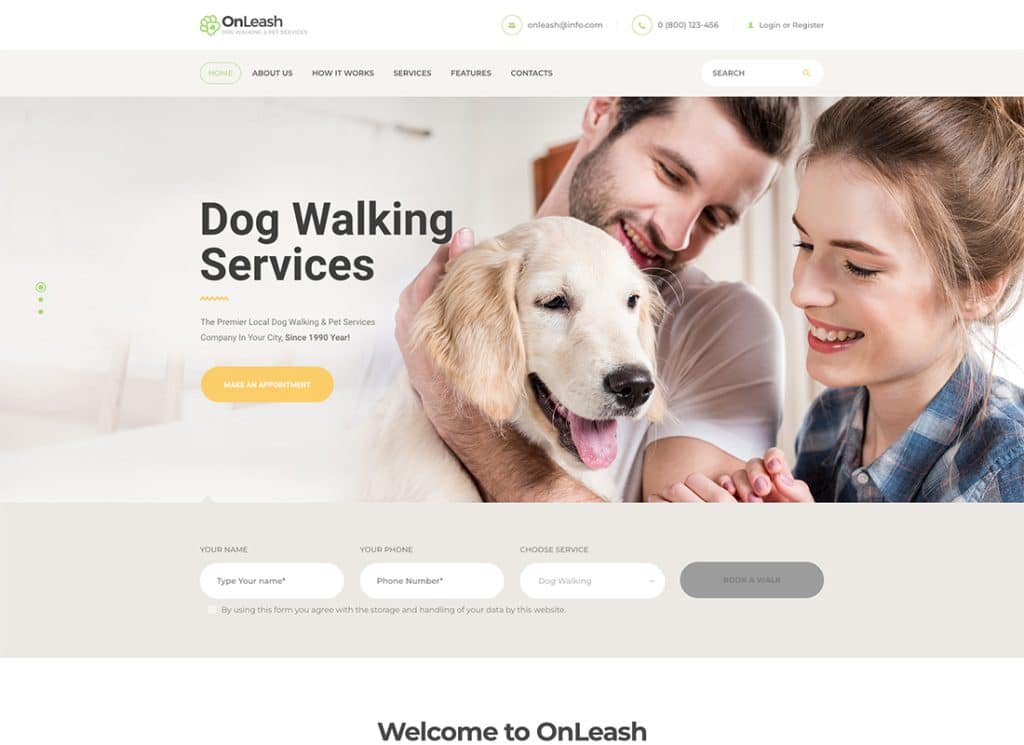 OnLeash - Motyw WordPress dla weterynaryjnych spacerów z psami i usług dla zwierząt