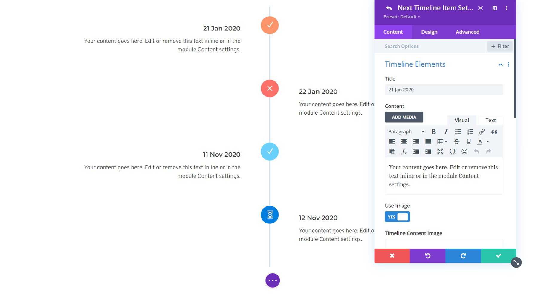 Divi 필수 타임라인 항목