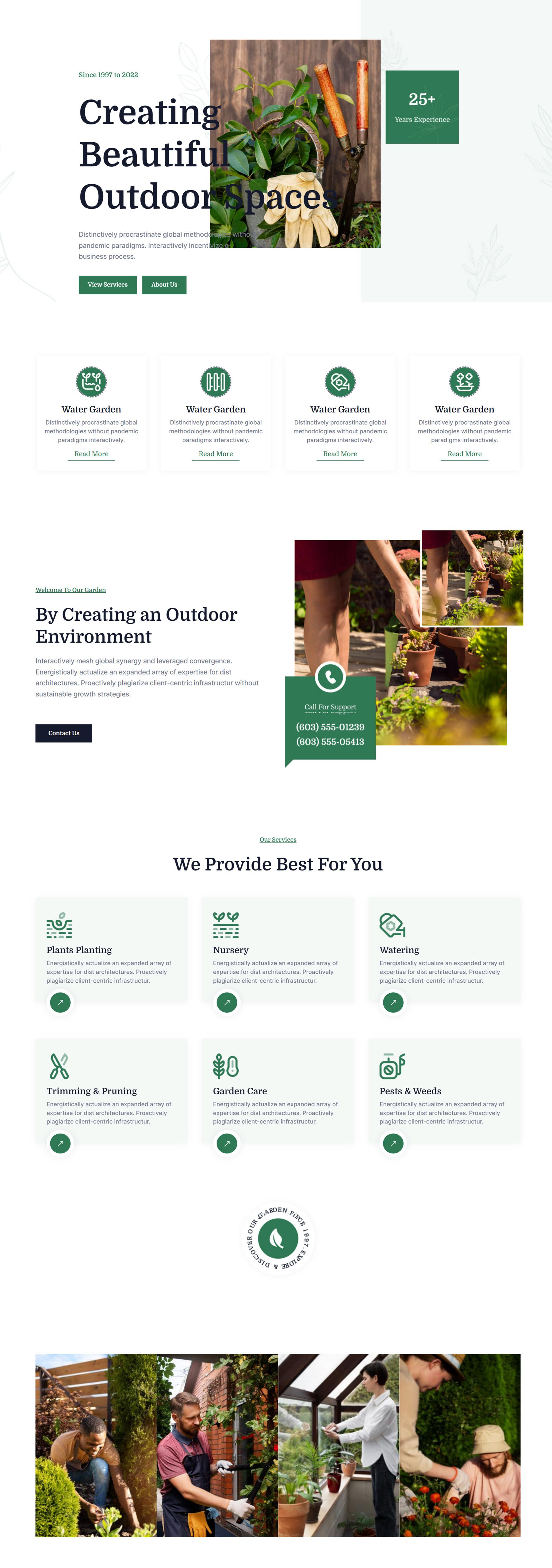 Página de inicio del diseño del sitio web de Divi Essential Garden