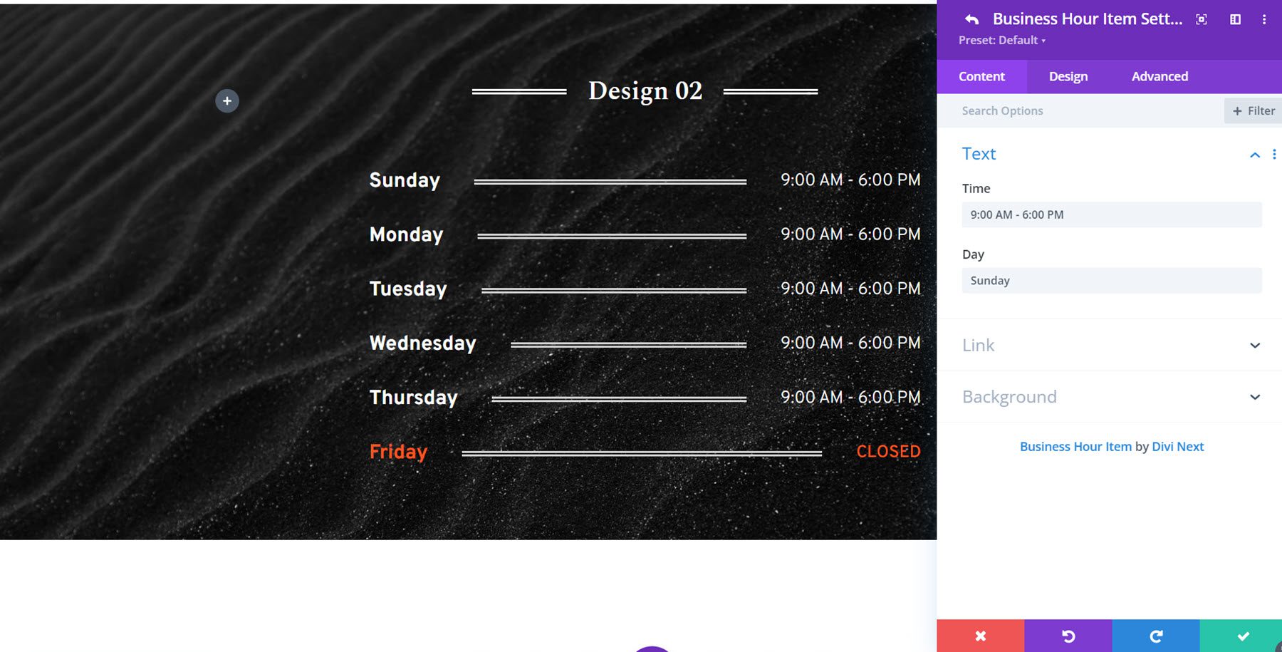 Horario comercial esencial de Divi