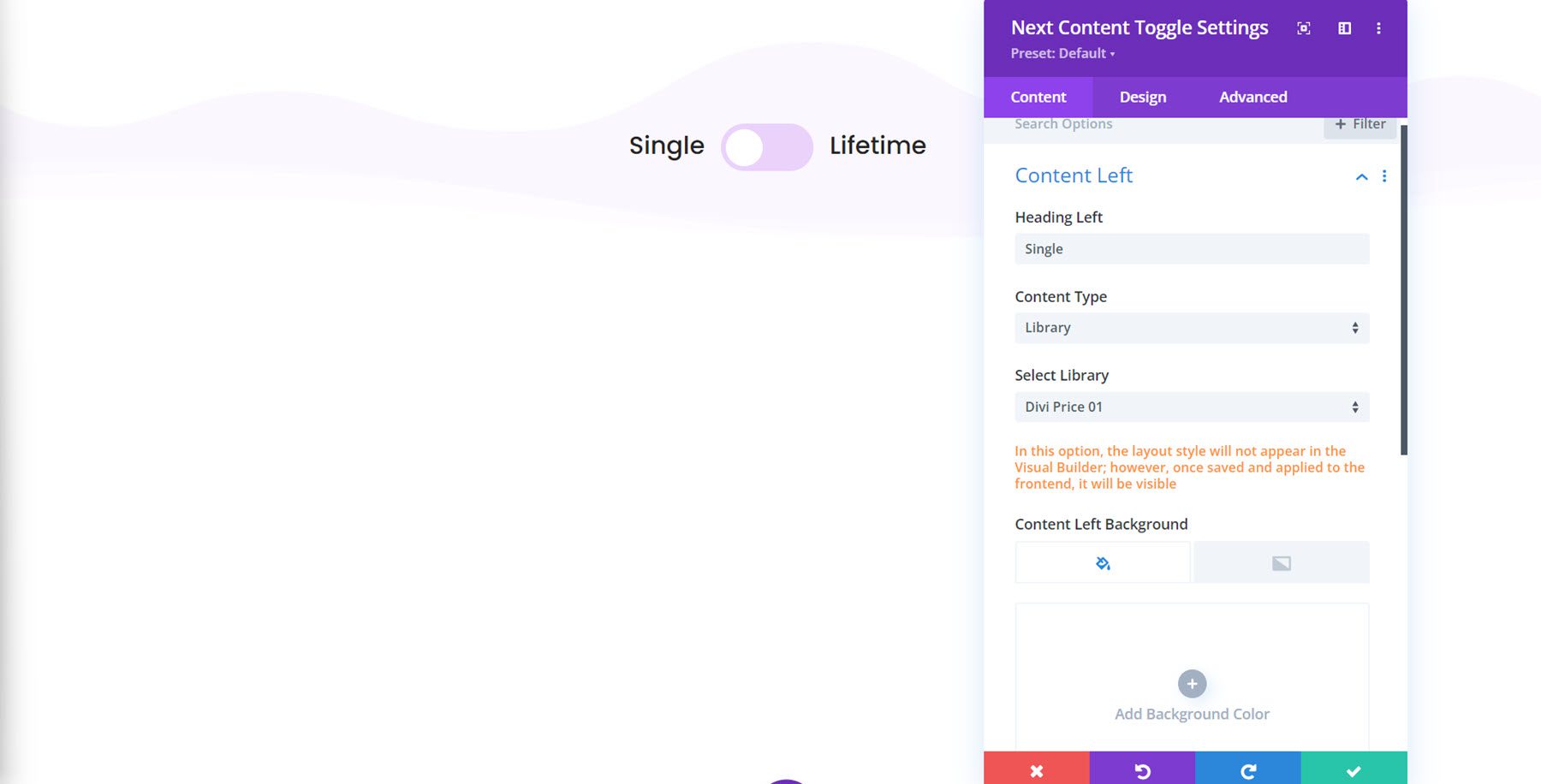 Configuración de alternancia de contenido esencial de Divi