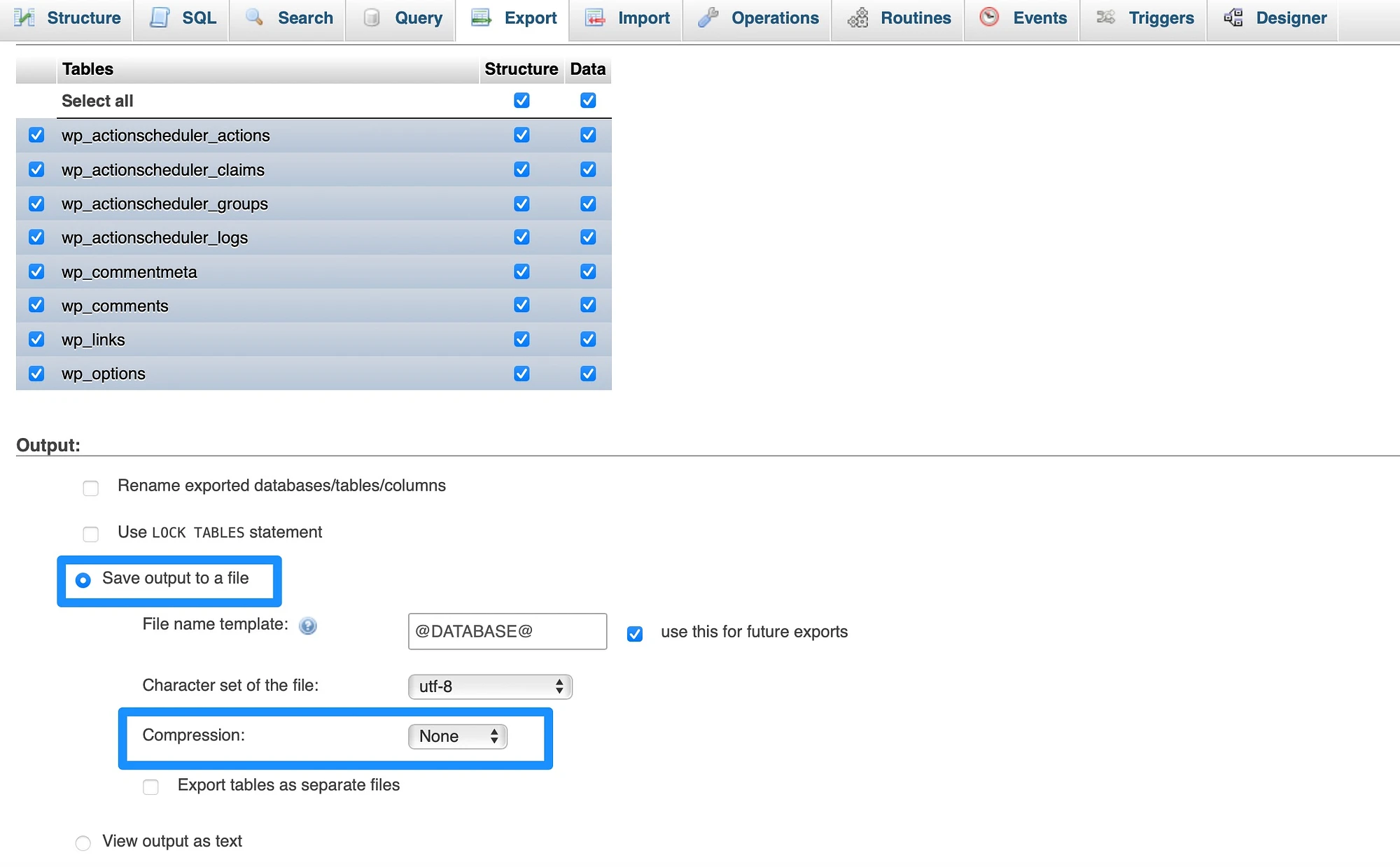 Exportez phpMyAdmin.