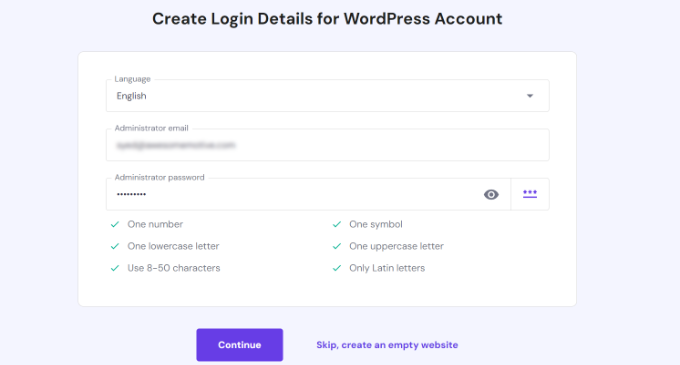 Create login details for new website