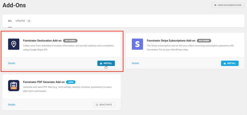 Écran des modules complémentaires de Forminator : module complémentaire de géolocalisation en surbrillance.