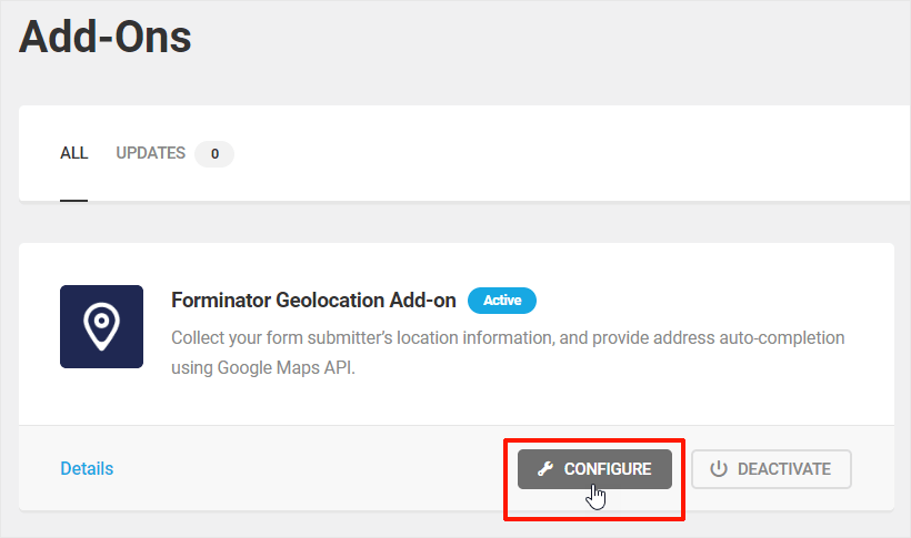 Complementos do Formoinator - Geolocalização - Botão Configurar em destaque.