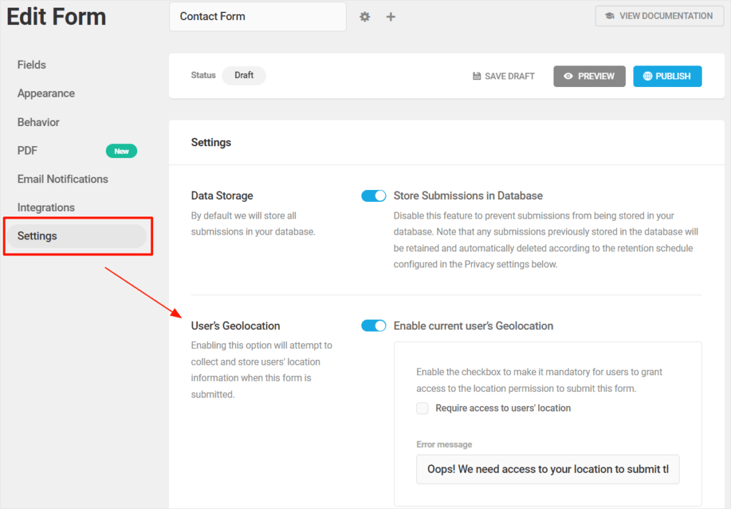 Layar Pengaturan Formulir Forminator