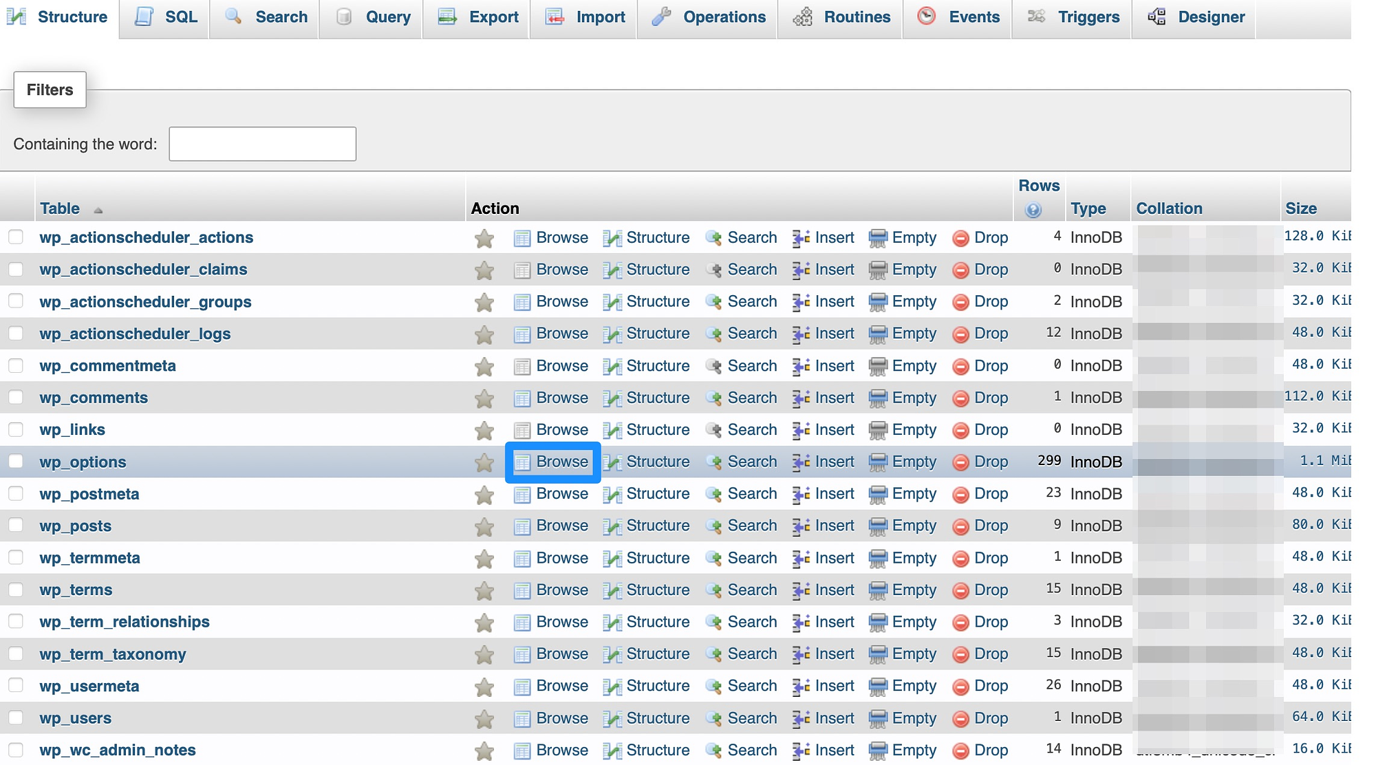 Ouvrez le tableau wp-options.