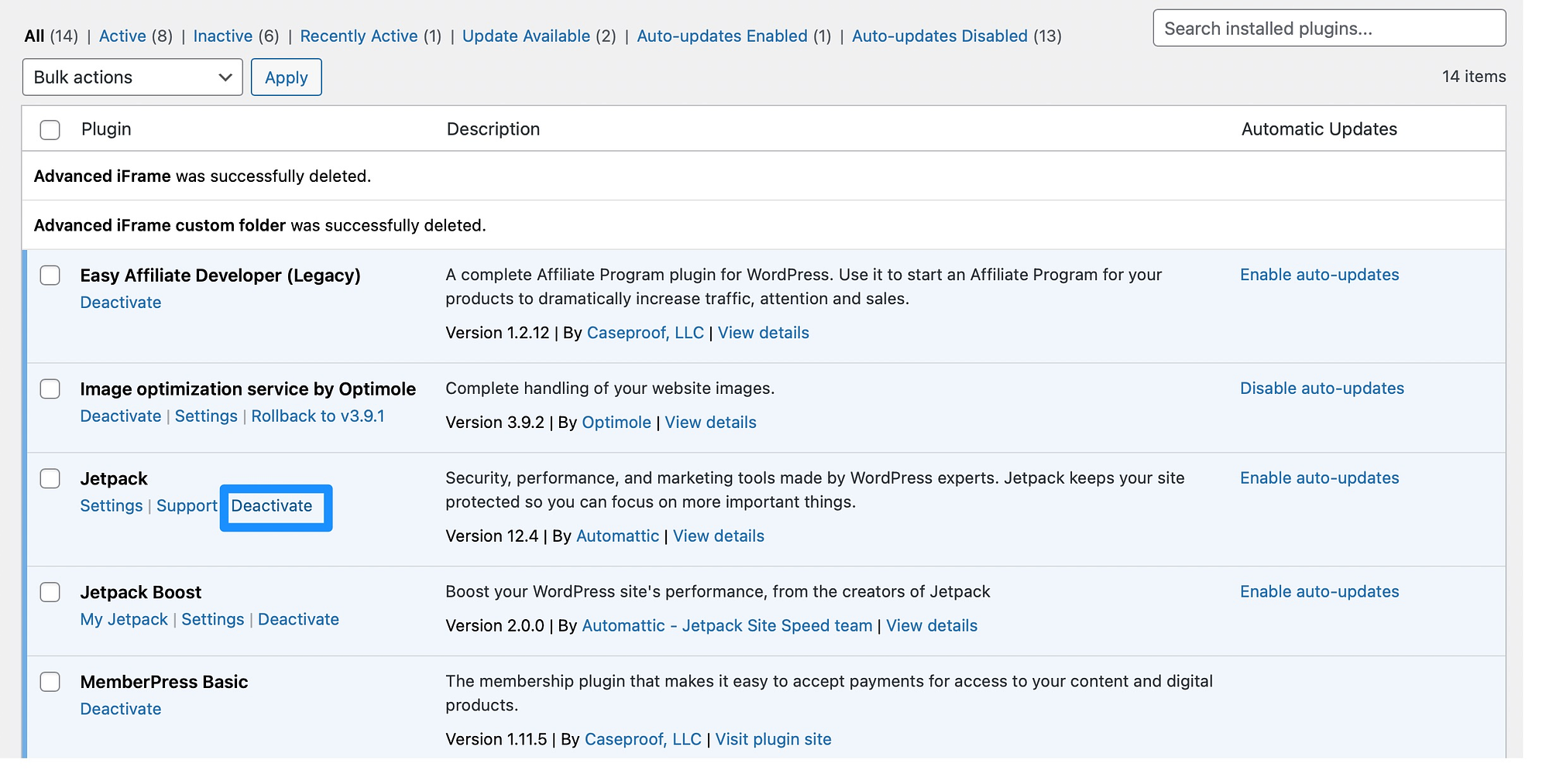 Cómo desactivar un complemento de WordPress a través del panel.