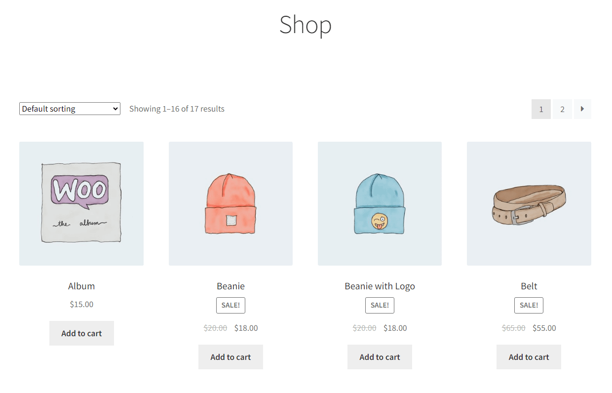 Page de la boutique WooCommerce.