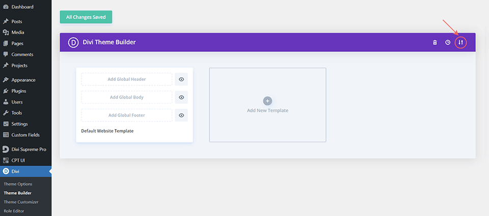 Importazione del layout di intestazione e piè di pagina nel generatore di temi Divi