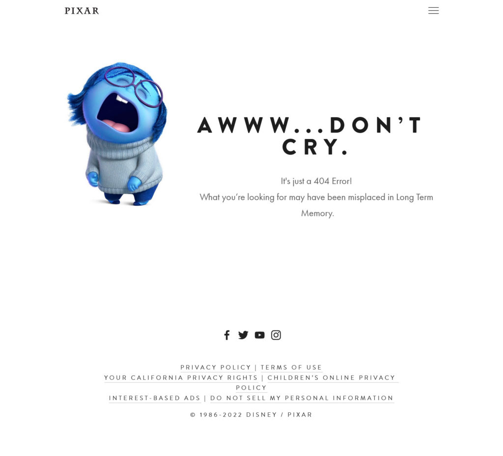 contoh halaman kesalahan pixar 404